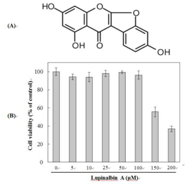 (A) Lupinalbin A의 화학구조, (B) Lupinalbin A의 세포독성 평가