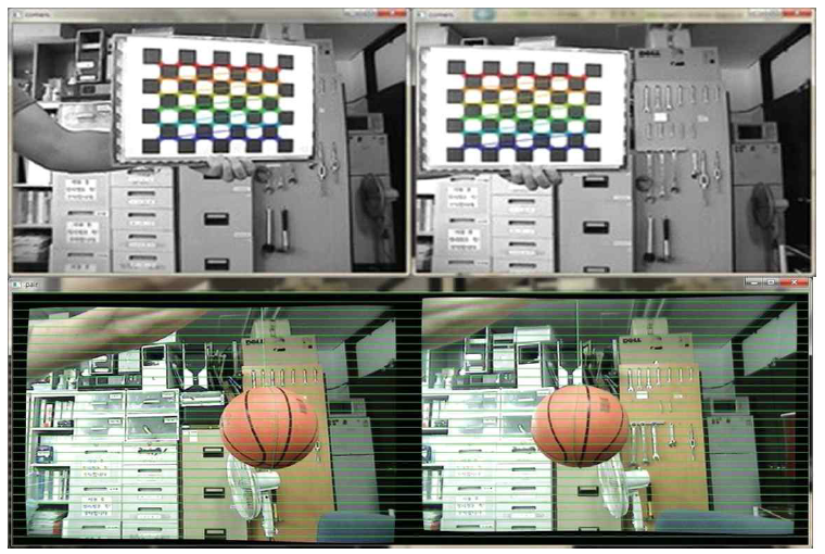 체스판을 이용한 대응점 찾기 결과 및 카메라 Calibration 결과