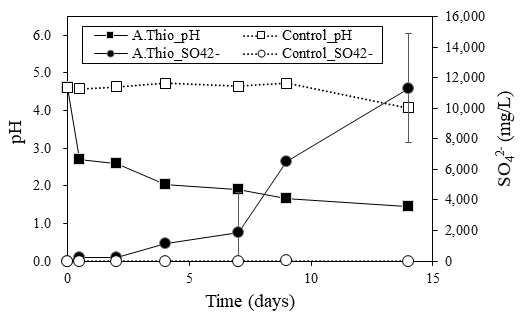 황산화균 접종 유무에 따른 배양액의 pH, SO4 2- 변화