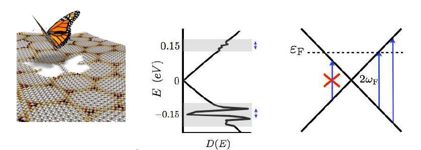 Left panel: Artist’s illustration of graphene superlattices and the Hofstadter butterfly and resonant optical transitions in the terahertz that is expected in superlattices of graphene on hexagonal boron nitride. Right panel: The features of the electronic structure can be tailored at energy ranges accessible by gate doping field effect transistor devices through superlattices in the nanometer lengthscale. We illustrate the superlattice features in the density of states in G/BN and carrier density dependent Pauli blocking (Ref. 1: Phys. Rev. B 2015)