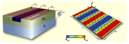 Atomically thin 2D materials can be used in transformation optics as versatile optical elements thanks to the unique field effect tunability of their permittivity as a function of carrier density. On the right we show a schematic illustration of a 30 THz electromagnetic wave profile guided by graphene (Ref. 16: Science 2011)