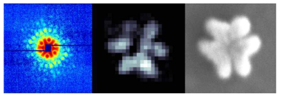 PAL-XFEL를 이용한 단일펄스 이미징 (좌) 단일펄스 회절패턴(중앙) 복원된 이미징 (우) 유사 시료의 SEM 이미지