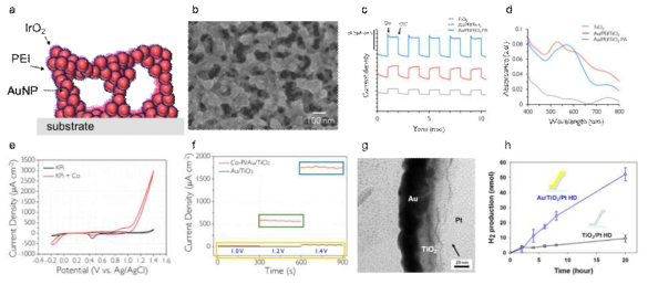 산화 이리듐 촉매가 도입된 (Au NP/PEI)/TiO2 이종접합 구조의 모식도 (a)와 SEM 사진 (b). 해당 구조의 시간에 따른 광전류 밀도 (c)와 흡광 그래프 (d). 나노 전사 프린팅으로 만들어진 금 나노선/TiO2 이종접합 구조에 Co-Pi 촉매를 도입한 후 대조군과의 비교하는 CV 그래프 (e)와 시간과 전압에 따른 광전류 (f). 물 환원 촉매인 백금 촉매를 증착한 half-dome Au/TiO2 이종접합 구조의 TEM 사진 (g)과 시간에 따른 수소 발생량 (h)