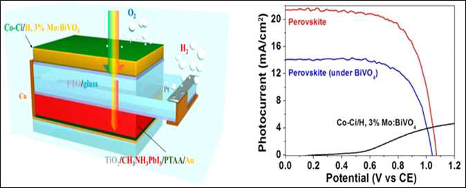 본 연구팀에서 제작 한 PEC 하이브리드 시스템(CoCi/H,Mo:BiVO4 와 MAPbI3 페로브스카이트 태양전지구성)