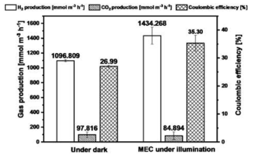 Hybrid MECs의 수소 및 이산화탄소 생산 속도와 쿨롱 효율