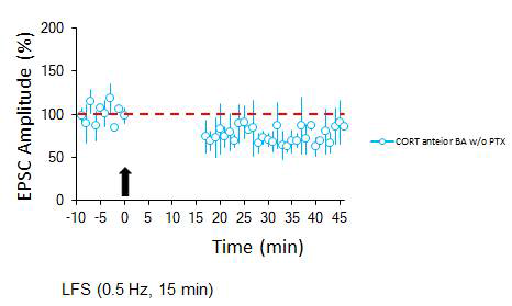 광유전학 기법을 이용한 장기약화 (LTD) 유도 여부를 확인함. 편도체 측핵으로부터의 흥분성 신호를 Anterior BA에서 측정하며 LFS 전, 후로 신호세기의 장기약화를 확인하였음