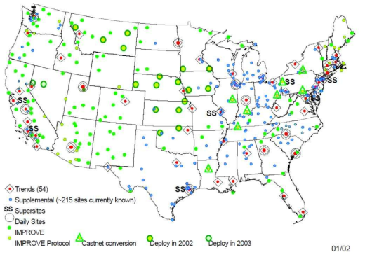 미국 국가 대기오염물질 측정소 배치 현황
