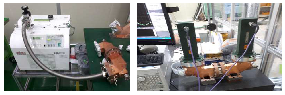 제작된 출력창의 Cold Test 모습 : (왼쪽)Leak Test (오른쪽)RF Test