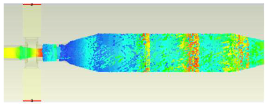콜렉터 내면에 전자빔의 에너지가 어떻게 분포하는지에 대한 PIC(CST) 프로그램의 시뮬레이션 예