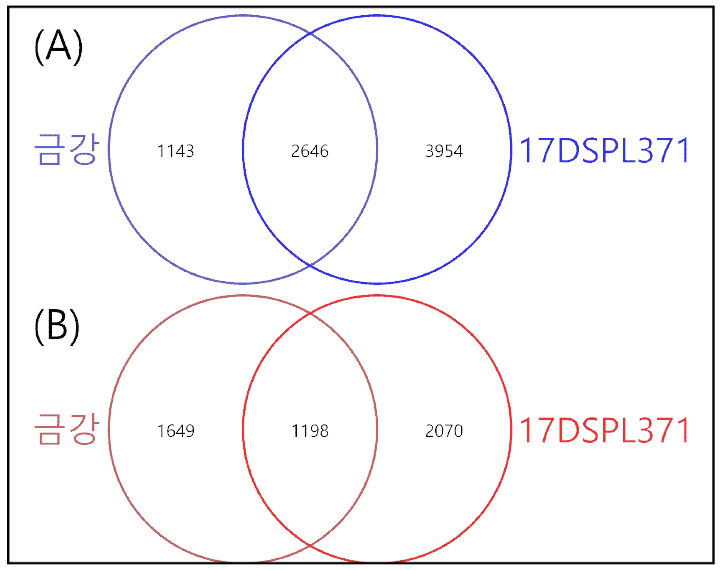 Venn diagram representation of RNA-seq data analysis in up-regulated genes (A) and down-regulated genes (B)