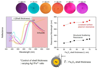 다양한 shell thickness를 가지는 Ag@Fe3O4 particles film의 색깔, reflectance spectra, 및 resonance wavelength의 변화
