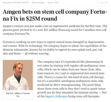 Fortuna Fix사의 파킨슨병 치료제로서의 iNSC개발 및 이에 대한 투자 (https://endpts.com/amgen-bets-on-stem-cell-company-fortuna-fix-in-25m-round/)