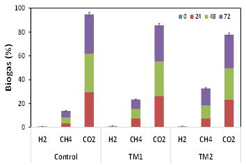 Biogas (%) composition, and of MES bioreactor operated at varying trace metal concentrations