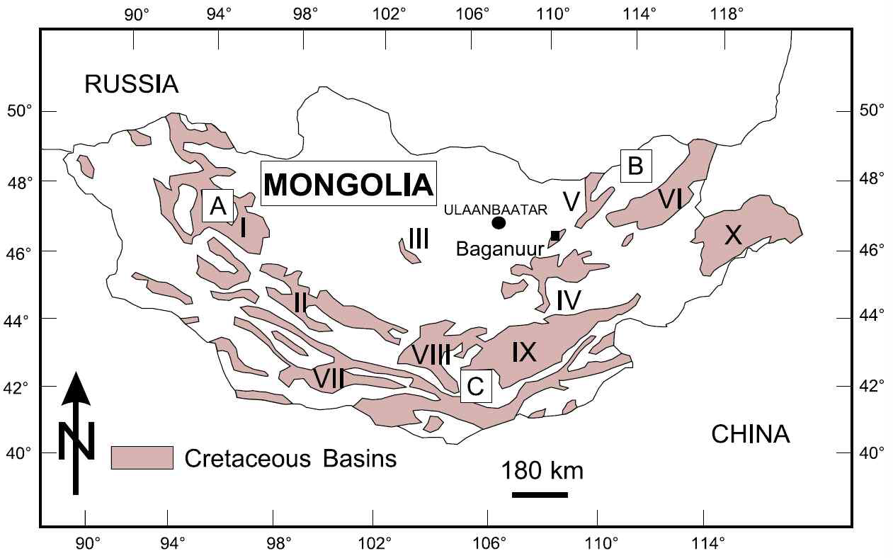 Distribution of Cretaceous Basins in Mongolia(Dill et al. 2004). A: Altai Province(Ⅰ: Great Lakes; Ⅱ: Valley of Lakes basins); B: Khangai-Khentei Province(Ⅲ: Arkhangai; Ⅳ: Onon; Ⅴ: Choir-Nyala; Ⅵ: Choibalsan basins); C: Gobi Province(Ⅶ: Transaltai Gobi; Ⅷ: Umnogobi (Southern Gobi); Ⅸ: Dornogobi (Eastern Gobi); Ⅹ: Tamtsag Depression basins)