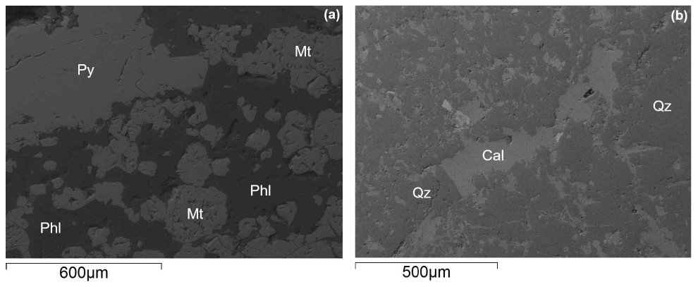 Image of SEM-EDX result of soil samples at Tumur Tolgoi iron ore mine.(a)T-Waste rock-1A, (b)T-Waste rock-2A. * Py : Pyrite, Mt : Magnetite, Phl : Phlogopite, Cal : Calcite, Qz : Quartz