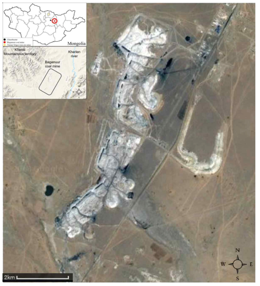 Location at the aerial photo of the Baganuur coal mine in Mongolia