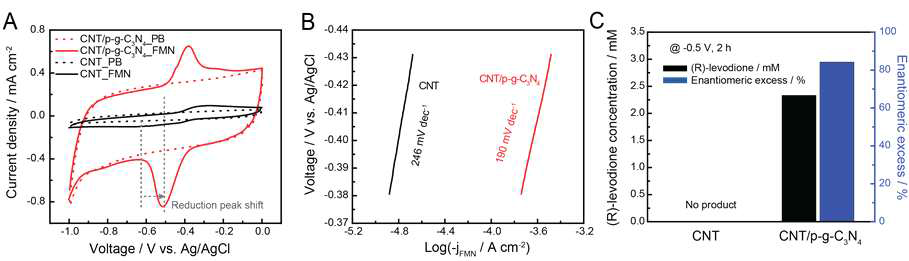 (A) g-C3N4-CNT 하이브리드 필름 음극과 CNT 음극의 플라빈 매개체 산화환원 반응에서의 cyclic voltammetry 비교. (B) g-C3N4-CNT와 CNT 전극의 Tafel plot 및 기울기 비교, (C) g-C3N4-CNT와 CNT 전극에서의 TsOYE를 이용한 산화환원 효소반응 비교