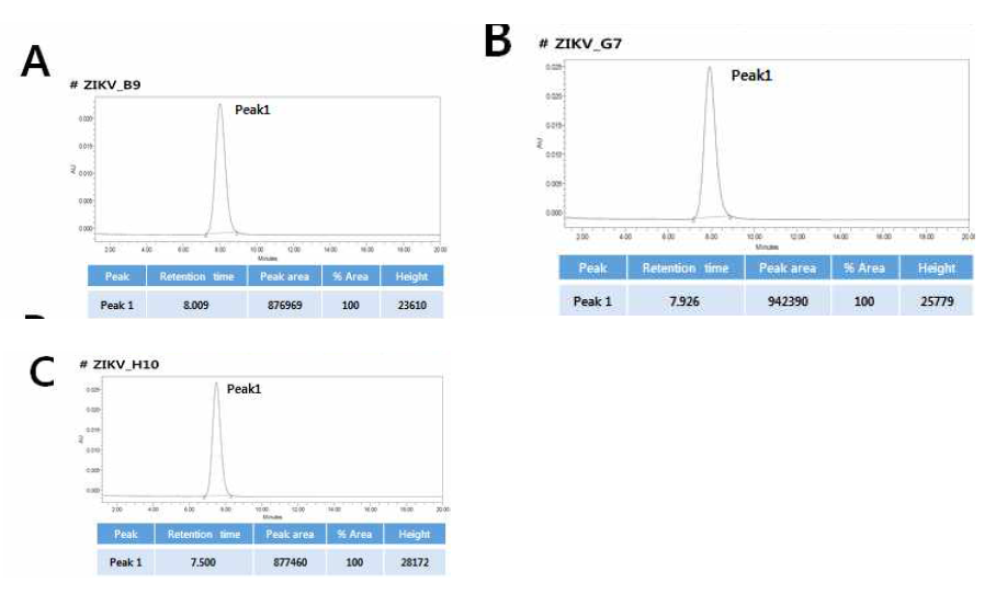 SEC-HPLC analysis of anti-ZIKV IgGs. (A) anti-ZIKV B9, (B) anti-ZIKV G7, and (C) anti-ZIKV H10