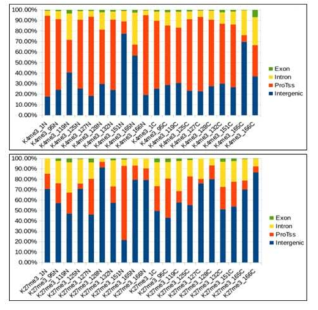 Histone mark 별 peak calling normalize 후 genomic distribution 확인