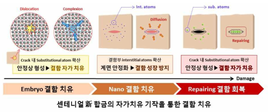 환경감응 자가변환 기반 지능형 자가치유 센테니얼 합금의 개념도