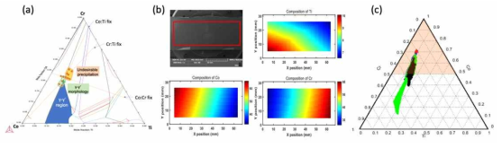 (a) Co-Cr-Ti 의 phase diagram. 목표로 하는 조성 영역을 Co65~80Cr15~25Ti5~10으로 확인 하였으며, 이 조성을 포함한 주변 조성 영역을 조합 합성 함 (b) 조합 합성된 시편의 SEM 이미지 및 EDS 로 측정 된 Ti, Co, Cr 의 원소 함량 (at %) (c) Smaple I~IV 조합 합성 및 EDS 측정으로부터 확인된 조성 영역