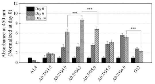 여러 농도의 알긴산/GelMA 수화젤에 사람 유래 진피세포를 0일, 6일, 14일 동안 배양 후 proliferation assay(세포 활성 분석법) 결과