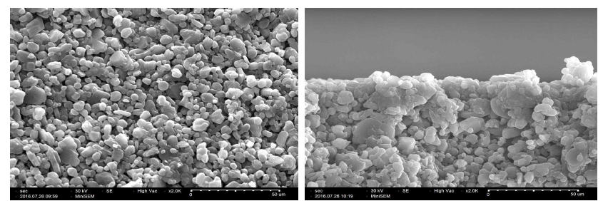 1차 Sintering 지지대의 미세구조 분석; 표면(왼쪽) 그리고 파면(오른쪽)