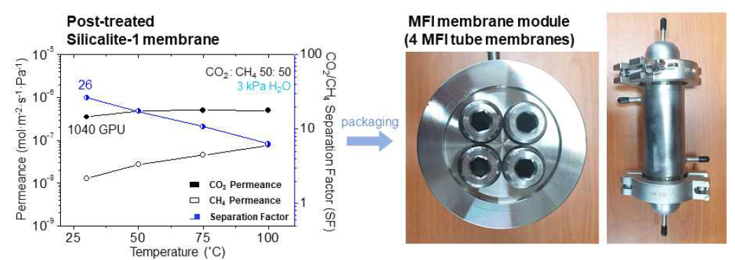 Post-treated Silicalite-1 분리막(왼쪽)과4개의 MFI 튜브 분리막을 패키징 할 수 있는 모듈 사진(오른쪽)
