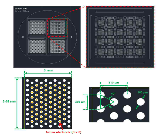 투명한 플랫폼 기반의 64채널 전극 제작을 위한 CAD 도면