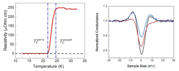 성장된 박막 위에서 STM tip 위치에 4 probe를 장착하여 측정된 trasport 결과와 black (9.2K) red (12K), blue (15K)에서 측정된 normalized conductance. 상전이 온도 22.5K 이 관측되었다