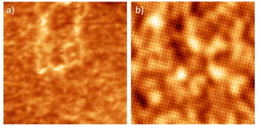 STM topography of 1 UL FeSe on SrTiO3 substrate. V= 100mV, I=100pA. a) 48x48 nm, b) 24x24 nm