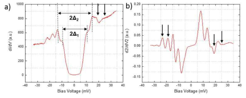 STM spectroscopy로 측정한 FeSe의 two gap 현상과, 8 meV Eliashberg feature. a) dI/dV b) d2I/dV2