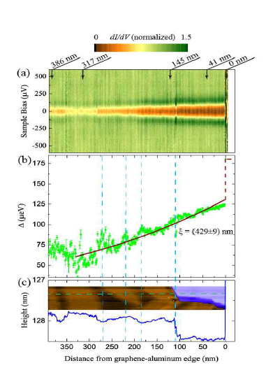 Proximity induced superconductivity in epitaxial graphene. (a) dI/dV vs Vb tunneling spectra, measured on the graphene terrace starting at an aluminum-graphene edge along the dashed lines shown in (c) and Fig. 1(b). The spectra is displayed in a color scale, where the brown color indicates a superconducting gap induced by proximity to the nearby aluminum islands. (b) The superconducting gap. The gap energies for are fit to an exponential decay (solid line) yielding a graphene coherence length of ξ = (429±9) nm (c) The graphene topographic height and STM image along the path of the spectral measurements in (a) and (b)