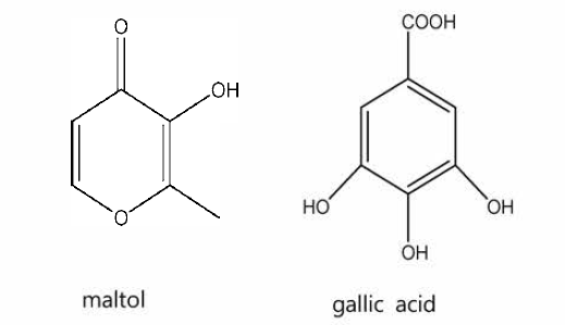 Chemical structure of maltol and gallic acid