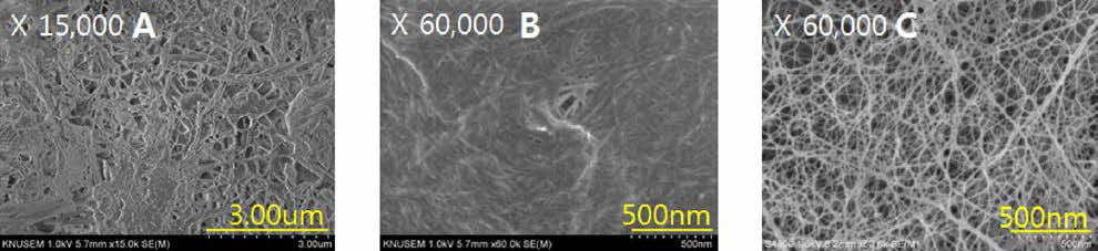 Morphology of nanofibers with different chemical treatment and WDM time. (A) lignocellulose, (B) holocellulose, (C) alkalline treated