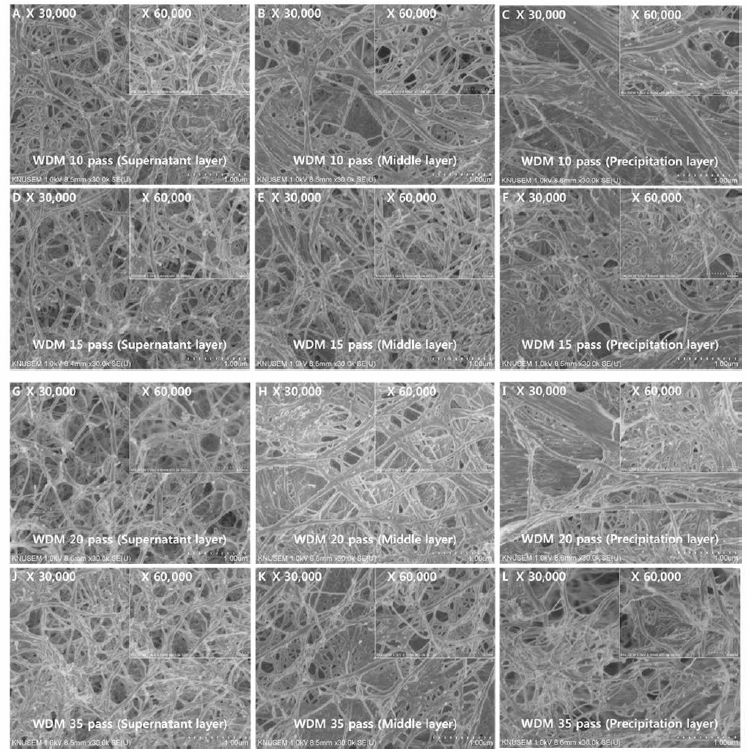 Morphology of pulp nanocellulose from 0.05 wt% nanocellulose suspension after precipiation with different fraction layers； (A) lOpass, supernatant layer, (B) lOpass, middle layer, (C) lOpass precipitation layer, (D) 15pass, supernatant layer, (E), middle layer, (F) 15pass, precipitation layer, (G) 20pass, supertanant, (H) 20pass, middle layer, (I) 20pass, precipitation layer, (J) 35pass, supernatant, (K) 35pass, middle layer, (L) 35pass, precipitation layer