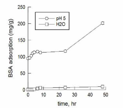 증류수와 완충용액에서의 BSA 흡착량 (BSA 농도 1 g/L, 흡착제양 0.2 g, C5S7)