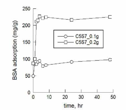 흡착제양 변화에 따른 BSA 흡착량 (BSA 농도 4 g/L, pH 5)