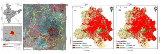 셀룰라 오토마타(CA) 모델링을 통한 인도 델리의 도시성장 예측 예 출처: Tripathy et. al(2019)