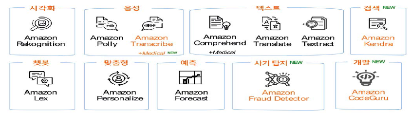 AI 서비스 ※ 출처:아마존웹서비스 기술컨퍼런스)-인공지능 플랫폼의 현재와 미래, 2019 https://aihub.or.kr/
