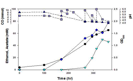 신규 균주 DJ1의 생장 곡선 (■: CO, ▲: pH, ●: OD, ◆: acetate, ▼ : ethanol)