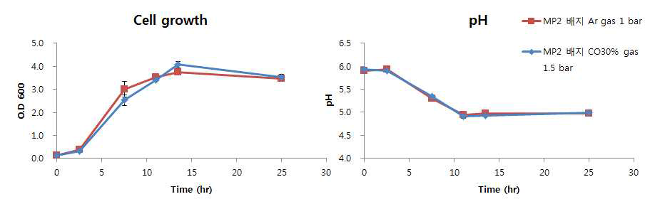 MP2 배지에서 headspace의 가스 조성차이에 따른 cell growth, pH 비교
