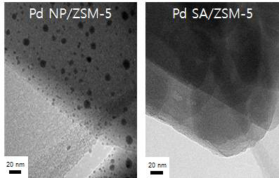 이온교환법을 통해 합성된 Pd NP/ZSM-5 (좌) 및 초기함침법을 통해 합성된 Pd SA/ZSM-5 (우)의 TEM 사진