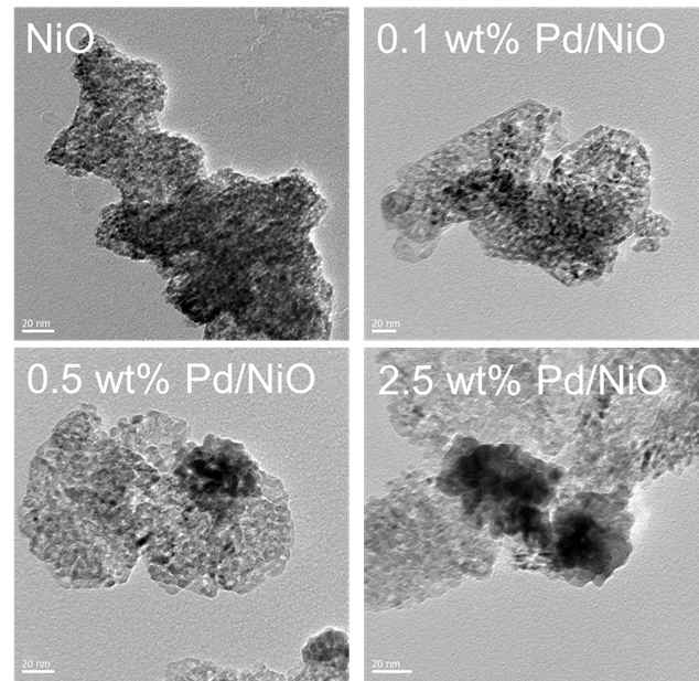 Pd 금속이 담지된 NiO 촉매의 TEM 이미지 (0.1 wt% Pd/NiO, 0.5 wt% Pd/NiO, 2.5 wt% Pd/NiO)