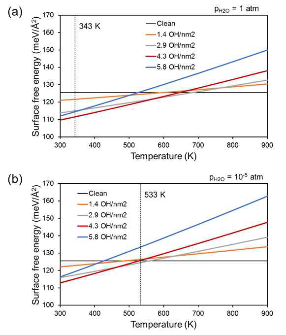 다양한 표면 수산화기 밀도를 갖는 Tetragnoal ZrO2 (101)의 온도 및 H2O 분압에 따른 표면 자유에너지: (a) pH2O = 1 atm, (b) pH2O = 10-5 atm