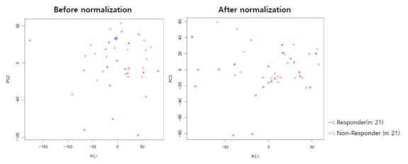 50명의 환자 중에 반응군과 비반응군을 나누어 normalization의 전후 환자들이 나뉘는 패턴을 확인한 PCA plot 결과