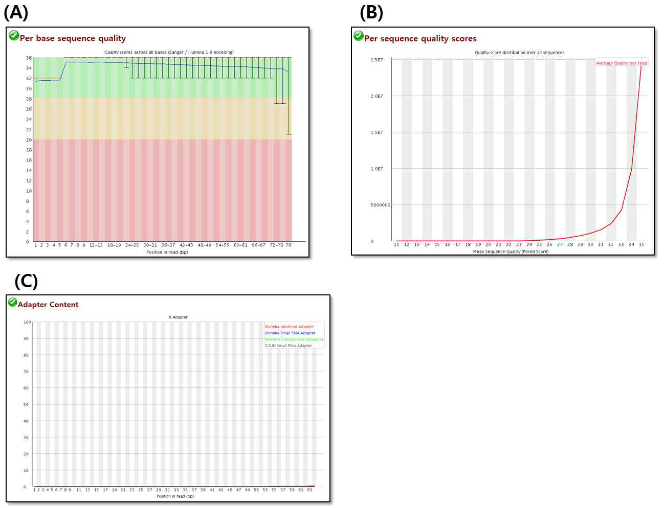 FastQC를 이용한 서열데이터 QC 측정. (A) 서열 read 길이에 따른 Phred score 분포, (B) read 당 Phred score의 분포 및 (C) Adapter 서열 측정 결과