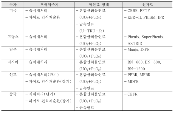 국가별 후행핵주기와 연계된 소듐냉각고속로 개발