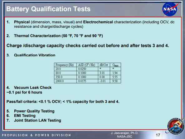 배터리 qualification test 전후 pass/fail 레퍼런스 (NASA)