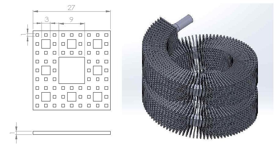 설계한 프랙탈 핀 형상(왼쪽)과 핀을 배치한 열교환기(오른쪽)